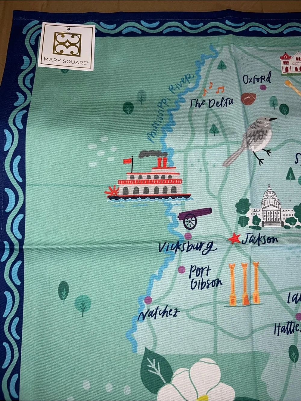 Mary Square Mississippi Map Cotton Tea Towel - Aqua and Navy